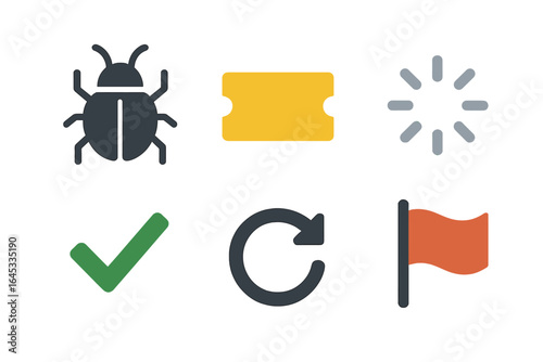 Symbols representing various concepts such as bugs, notifications, and confirmations in digital design