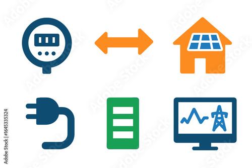 Icons representing energy management systems for home solar power and electric usage monitoring