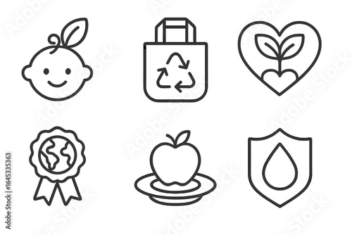 Icons representing sustainability, health, and community involvement for an eco-friendly initiative
