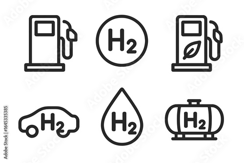 Hydrogen fuel symbols depicting fueling stations, vehicles, and storage options for sustainable energy solutions