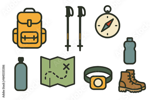 Essential hiking gear including backpack, compass, water bottle, and boots laid out on a map for outdoor adventure preparation