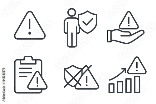 Symbols for warning and protection in various forms showing caution for safety measures and risk management implementation