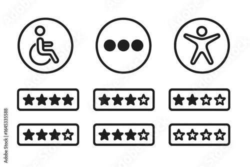 Accessibility symbols and rating stars used for promoting inclusivity in public spaces and services