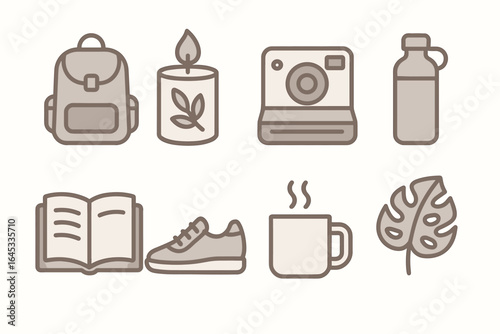 Various items representing leisure activities including a backpack and a camera arranged on a light background