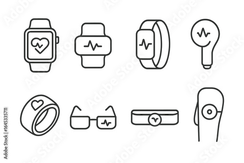Various wearable health technology icons designed for fitness tracking and health monitoring applications