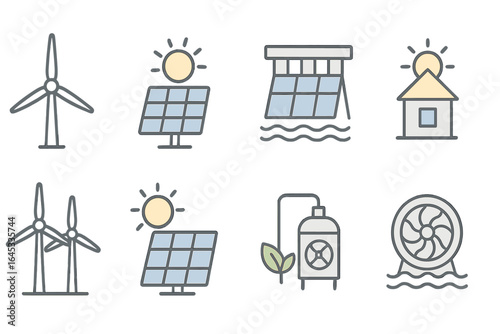 Renewable energy symbols illustrating various sustainable technologies and their applications in a clean energy future