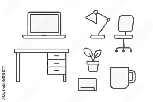 Workspace setup featuring a laptop, desk, lamp, chair, plant, and mug in a minimalistic design
