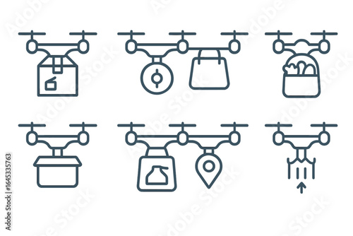 Drones delivering various packages and items in a modern urban environment