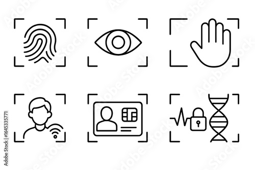 Icons representing biometric identification methods such as fingerprinting, eye recognition, and facial scanning in a modern design