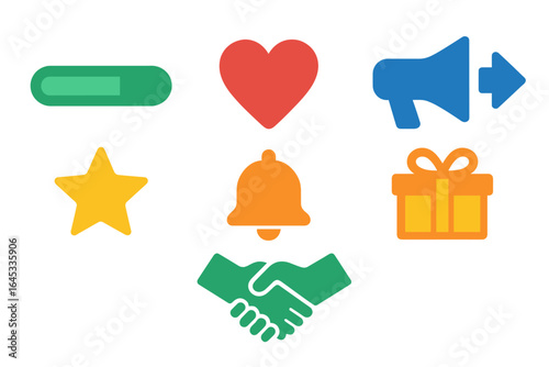 Colorful icons representing various concepts including love, communication, acknowledgment, and celebration in a simple design