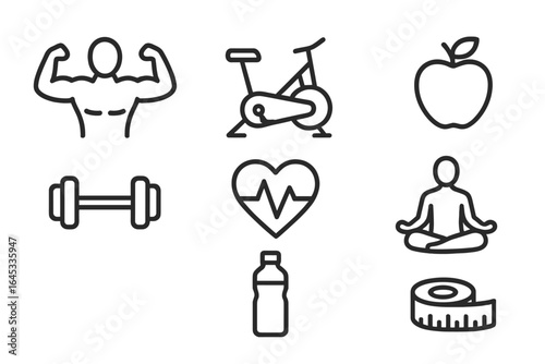 Fitness icons representing health, exercise, and well-being in a simple, minimalist design featuring various activities