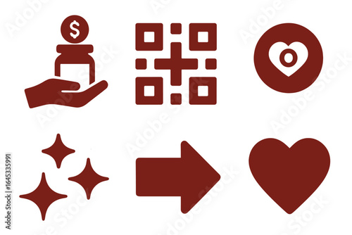 Hand holding money jar alongside symbols of love, direction, and enhancement in a minimalist design
