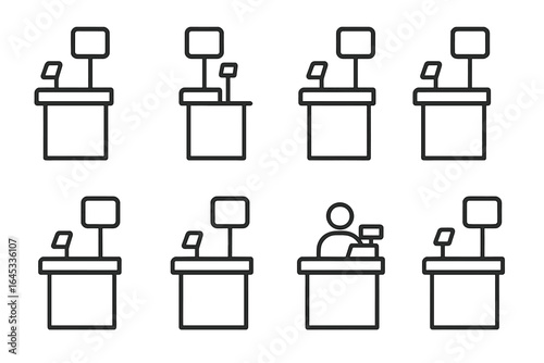 Different styles of checkout counters designed for various retail environments with minimalistic features