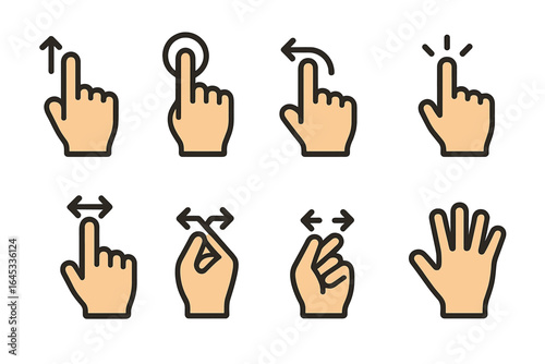 Various hand gesture symbols representing touch and interaction often seen in digital interfaces or user guides