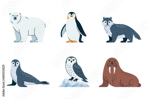 Arctic wildlife icon set, polar bear penguin seal snowy owl walrus vector, ice floe illustration, polar nature clipart, education elements
