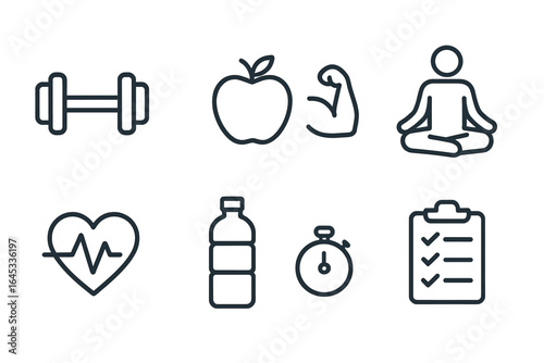 Health and fitness icons representing exercise, nutrition, and wellness activities for a balanced lifestyle plan