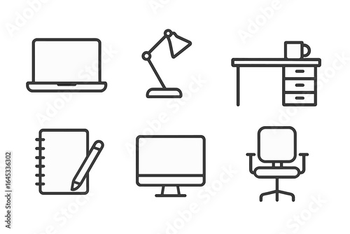 Workspace essentials with laptop, desk lamp, and office chair in modern setting