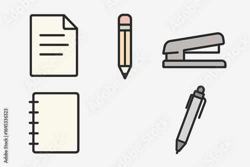 Office supplies including paper, pencil, stapler, notebook, and pen arranged on a light background