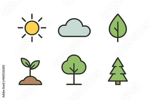 Six nature icons illustrating sun, cloud, leaf, sprout, tree, and pine at different stages of growth and weather conditions