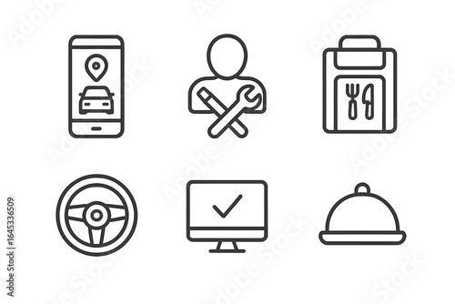 Icons representing ride-sharing, food delivery, driver assistance, and auto maintenance services in a simple design