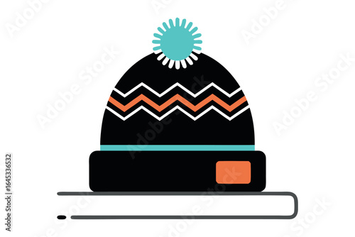 Black Winter Beanie with Teal Pom and Zigzag Pattern winter hat knitted hat