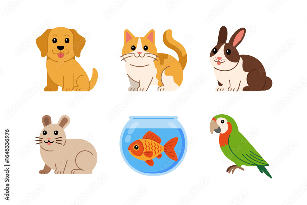 Fototapeta premium Pet animal icon set, dog cat rabbit mouse goldfish parrot vector, friendly cartoon illustration, home pet clipart, kids learning design
