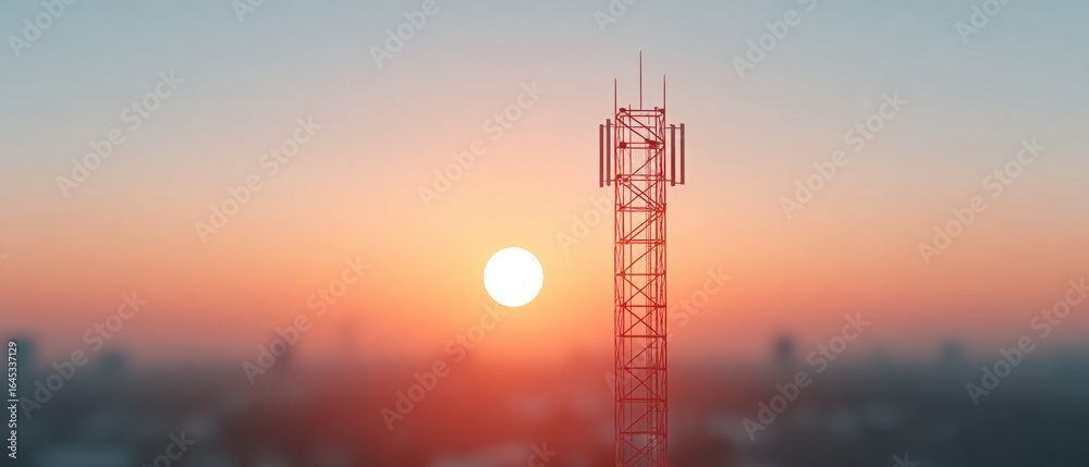 Naklejka premium Cellular tower sunrise silhouette communication technology city sky antenna dawn peaceful scene. tall cellular tower stands against vibrant sunrise with soft cityscape background evoking calmness