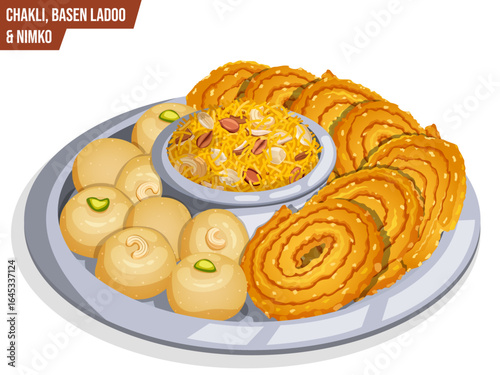 Diwali Snacks Plate with Chakli, Basen Ladoo and Farsan. Traditional Savoury & Sweet Fried Treats Illustration