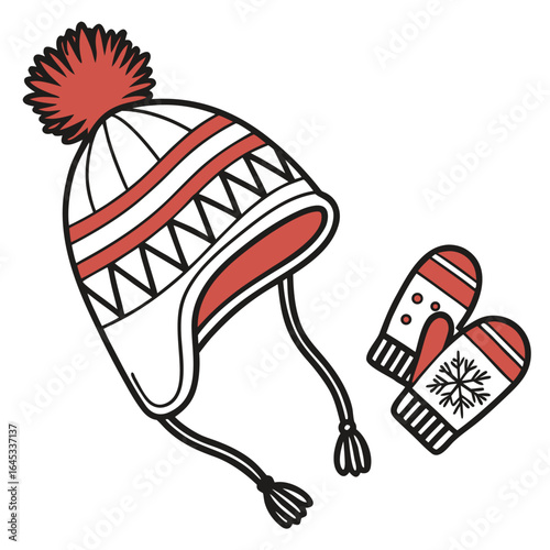 Cozy winter hat with ear flaps and matching mittens with snowflake design