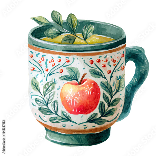 EPS painting design, Vector illustration set, My Watercolor illustration, hot apple cider in festive_ mug painting isolated on a white background