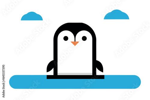 Cute geometric penguin on ice floe with clouds on white background bird animal
