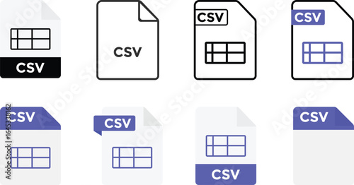 CSV File format icon set. document extension symbols. Data Management sign.  File types with document extension