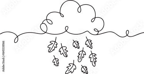 Continuous single one line art of a cloud raining leaves instead of water, minimalist autumn seasonal surreal nature illustration

