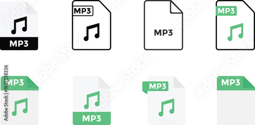 MP3 File format icon set.  multimedia format interface. music archive file extensions. Data Management sign. document extension symbols
