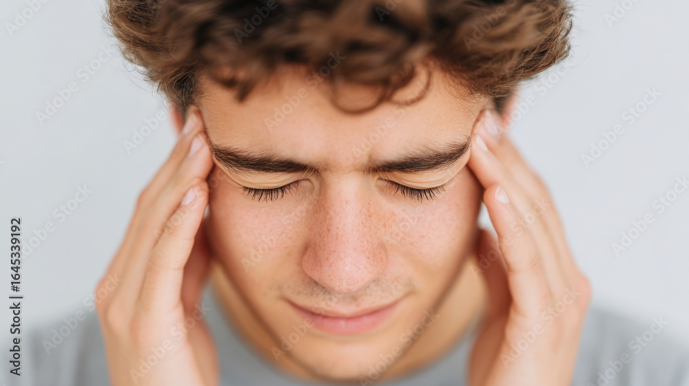 Fototapeta premium Young man with curly hair touching temples, eyes closed, experiencing headache or stress, close up, neutral background, emotional discomfort, health concept