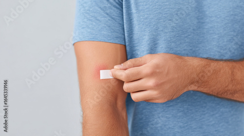 Person applying adhesive bandage to red irritated skin on arm close up blue shirt healthcare first aid skin care minor injury self care medical treatment calm expression