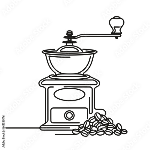Vintage coffee grinder with coffee beans outline drawing, line art in minimal style, vector, black line drawing, single line, simple line, isolated, transparent background