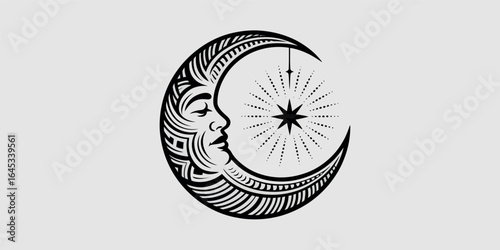 Mystical Crescent Moon with Starry Radiance and Tribal Ornamentation for Spiritual Designs