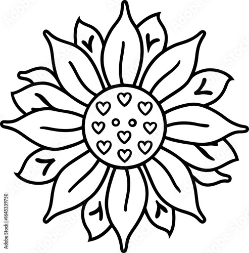 Sunflower outline illustration with heart shaped seeds simple floral design, hand drawn botanical motif for coloring or decoration