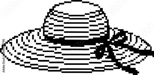 Vintage wide brim sun hat in pixel art retro summer accessory, elegant ribbon bow, black and white illustration