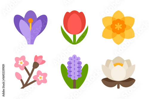Spring flower icon set, crocus tulip daffodil, cherry blossom branch, lavender sprig, magnolia bloom, gentle pastel vector