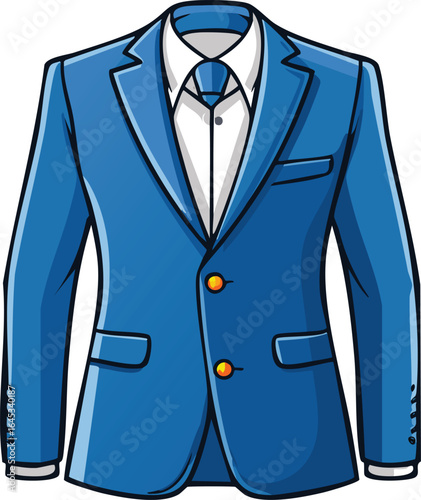 Illustration of a blue suit jacket with a white shirt and tie, formal wear.