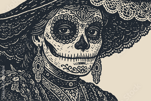 A portrait of La Calavera Catrina for the Mexican Day of the Dead festival. Vector illustration in a vintage engraving or linocut print style.