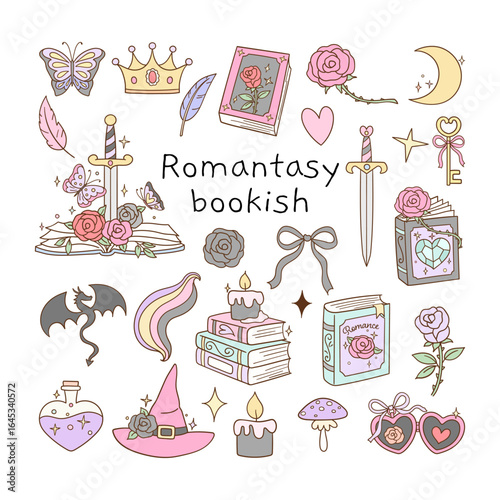 Draw vector illustration collection romance book Girls reading Fantasy novel Doodle cartoon style