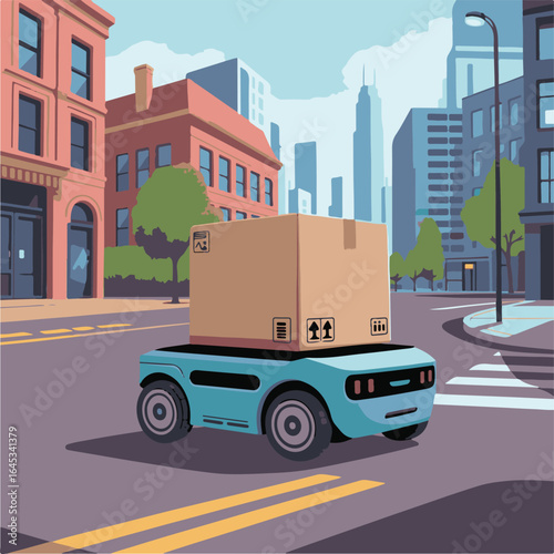 Autonomous delivery robot moving on a city street with package, smart urban background, futuristic transportation vector."