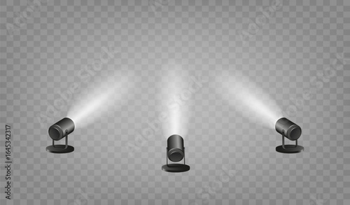 Spotlight lighting. Light source studio lighting walls spotlight. Light beams light effect. Vector