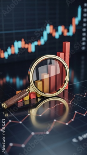 Analyzing Stock Market Data - A magnifying glass hovering over a financial candlestick chart, with red and blue bars, for detailed stock market analysis