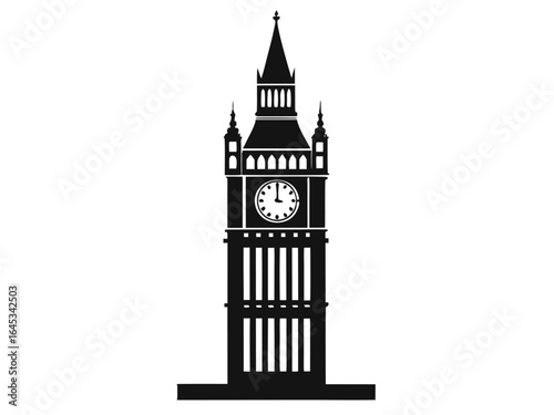 Big Ben vector silhouette, iconic London landmark illustration perfect for travel designs, cityscape projects, historical themes, architectural graphics, tourism promotions