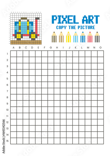 Copy the picture grid drawing worksheet for kids. Pixel art luggage cart and a suitcase