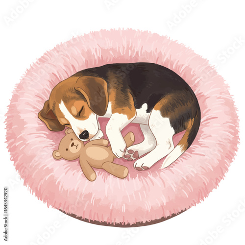 Vector illustration of a sleeping beagle dog with a teddy bear on a pink fluffy bed for International Dog Day.